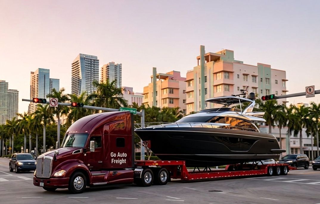 Speedboat loaded on specialized hydraulic boat trailer