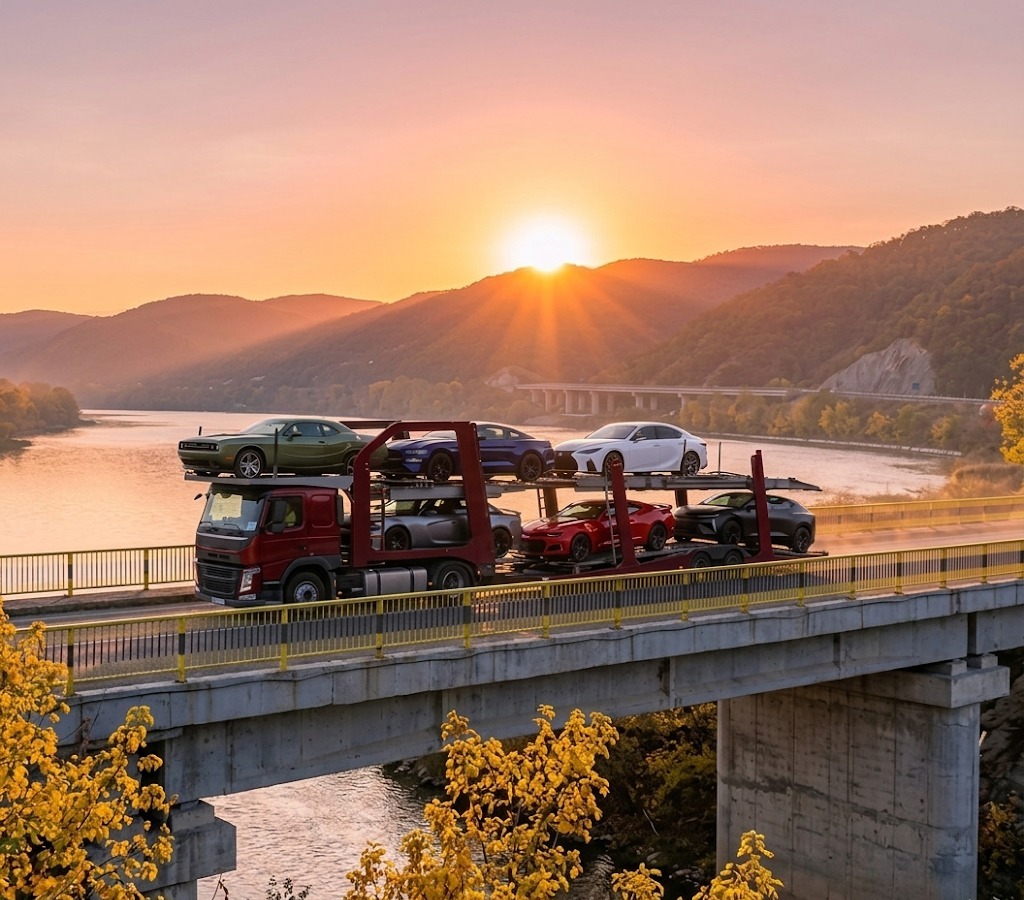 Enclosed car transport trailer loading luxury vehicle
