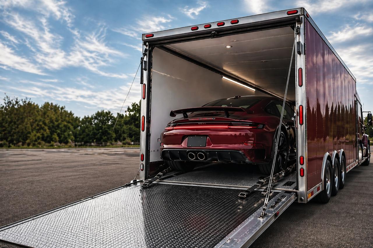 Enclosed trailer protecting luxury sports car during transport