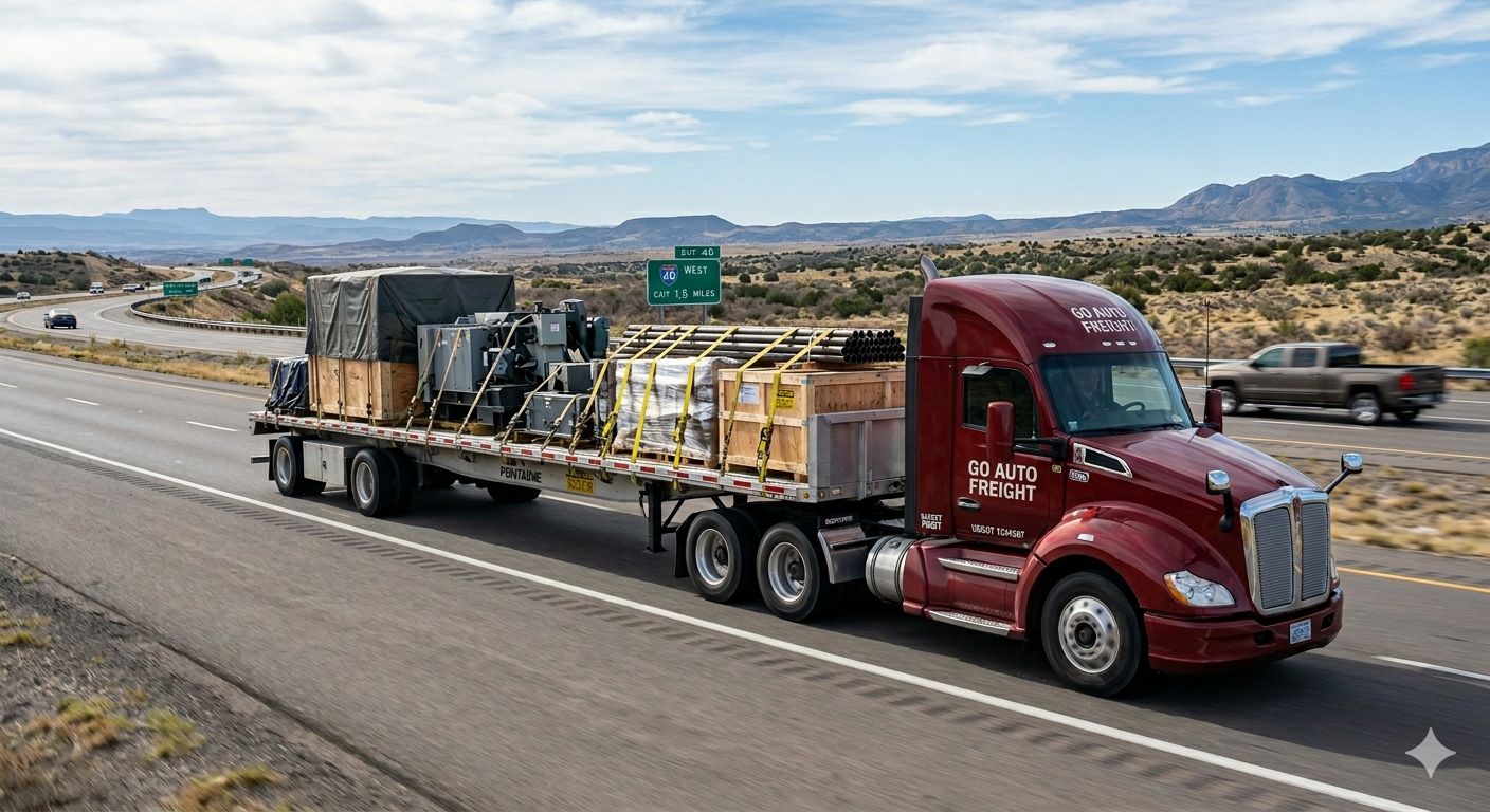 Specialized open deck flatbed trailer with heavy industrial load