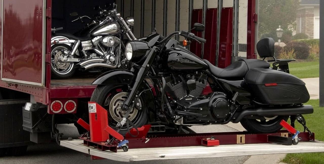 Custom cruiser motorcycle on specialized transporter