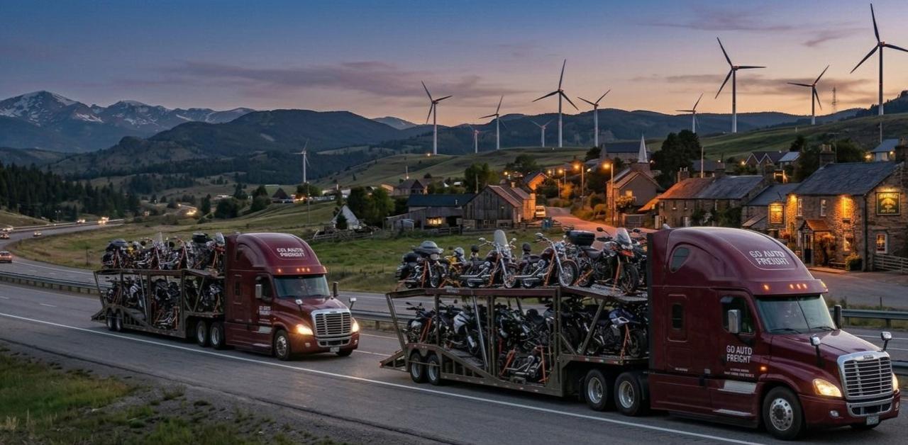 Motorcycle securely strapped on specialized transport trailer