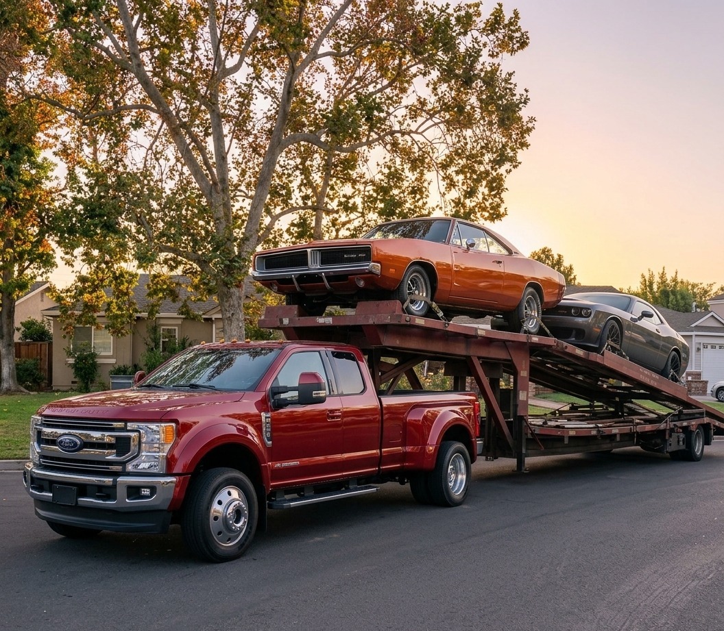 Vehicles being delivered from a car hauler in a residential neighborhood at sunset