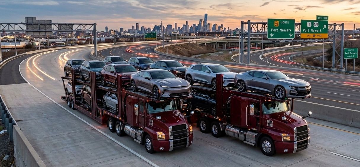 Two Go Auto Freight carriers hauling dealership inventory near a city port