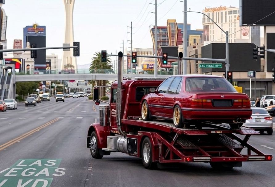 Go Auto Freight carrier moving a vehicle through a busy city boulevard
