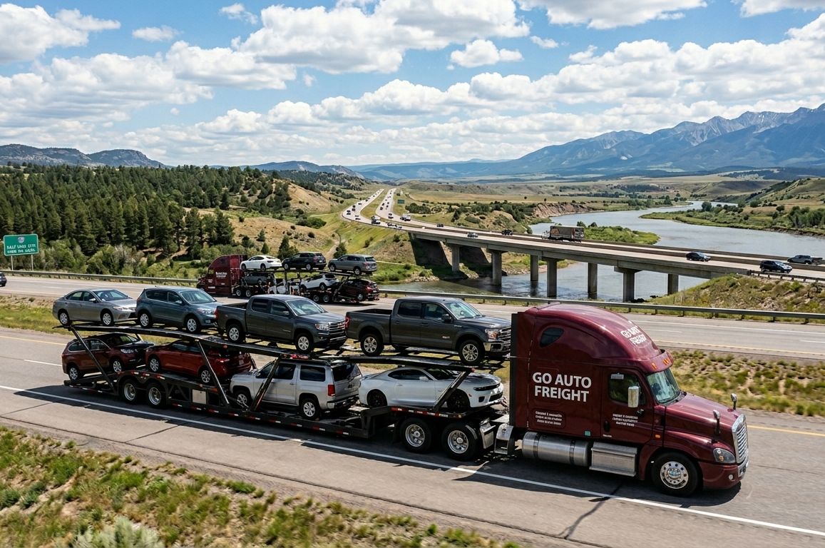 Go Auto Freight open carrier loaded with vehicles on a mountain highway