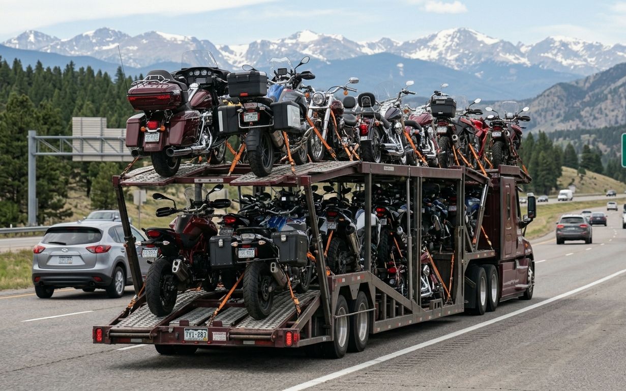 Motorcycles secured across both decks of an open transport carrier