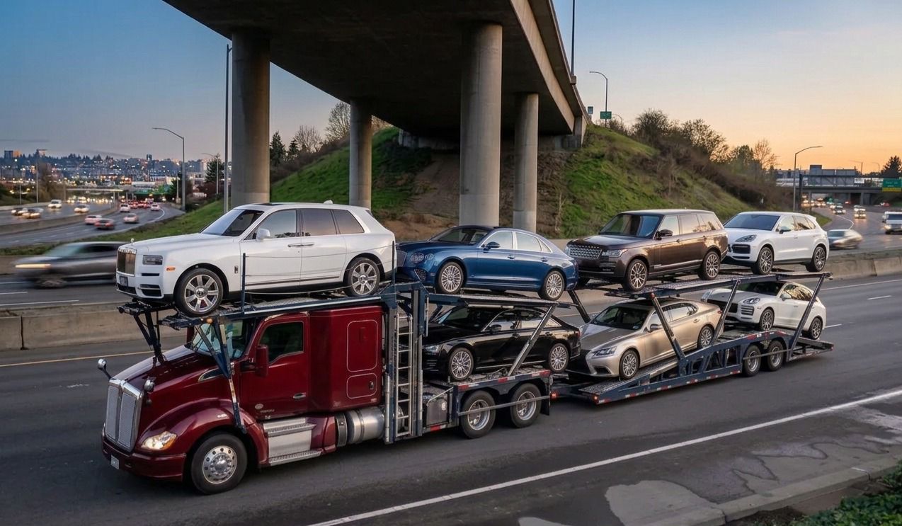 Luxury vehicles secured on a Go Auto Freight open carrier