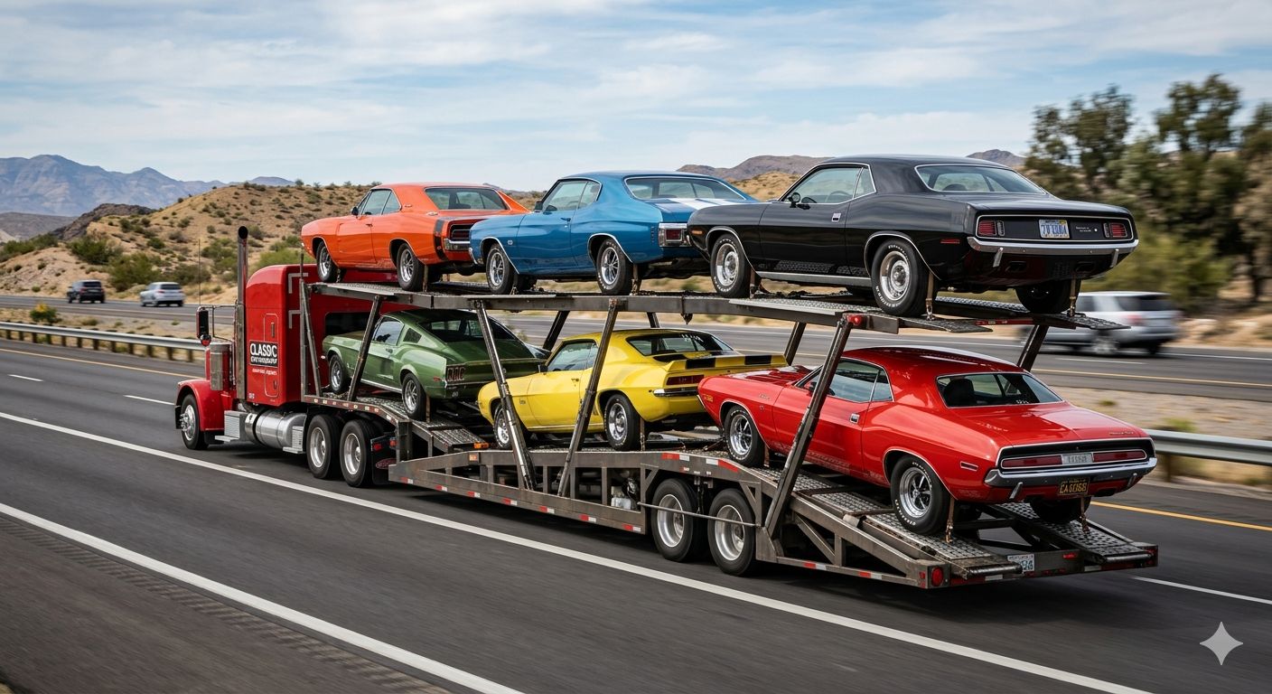 Classic muscle cars loaded on the upper and lower decks of an open carrier
